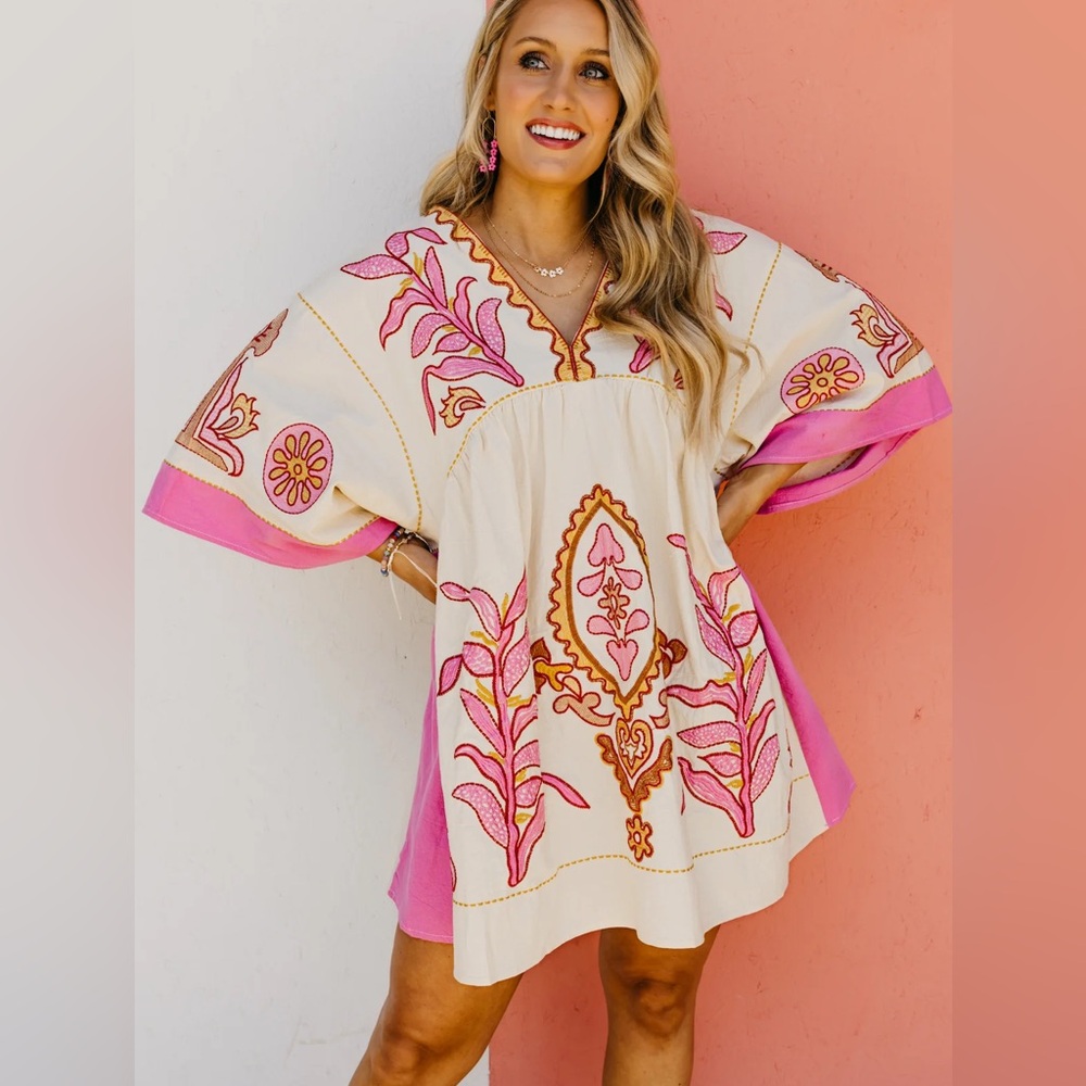 Neon Pink Long Sleeve V Neck Floral boho bohemian Embroidered Dress - Picture 7 of 13